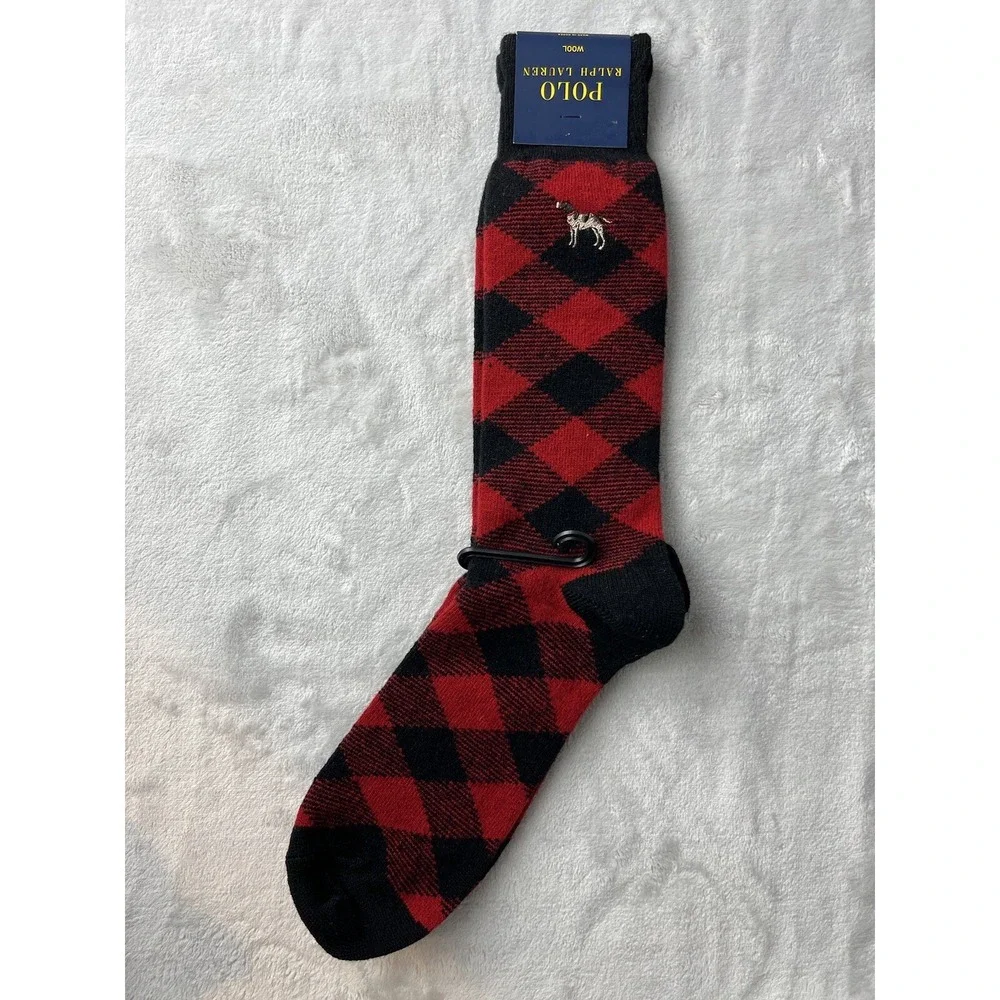 POLO RALPH LAUREN Sock Men Size 10-13 Hunting Dog Embroidered Red Diamond Check